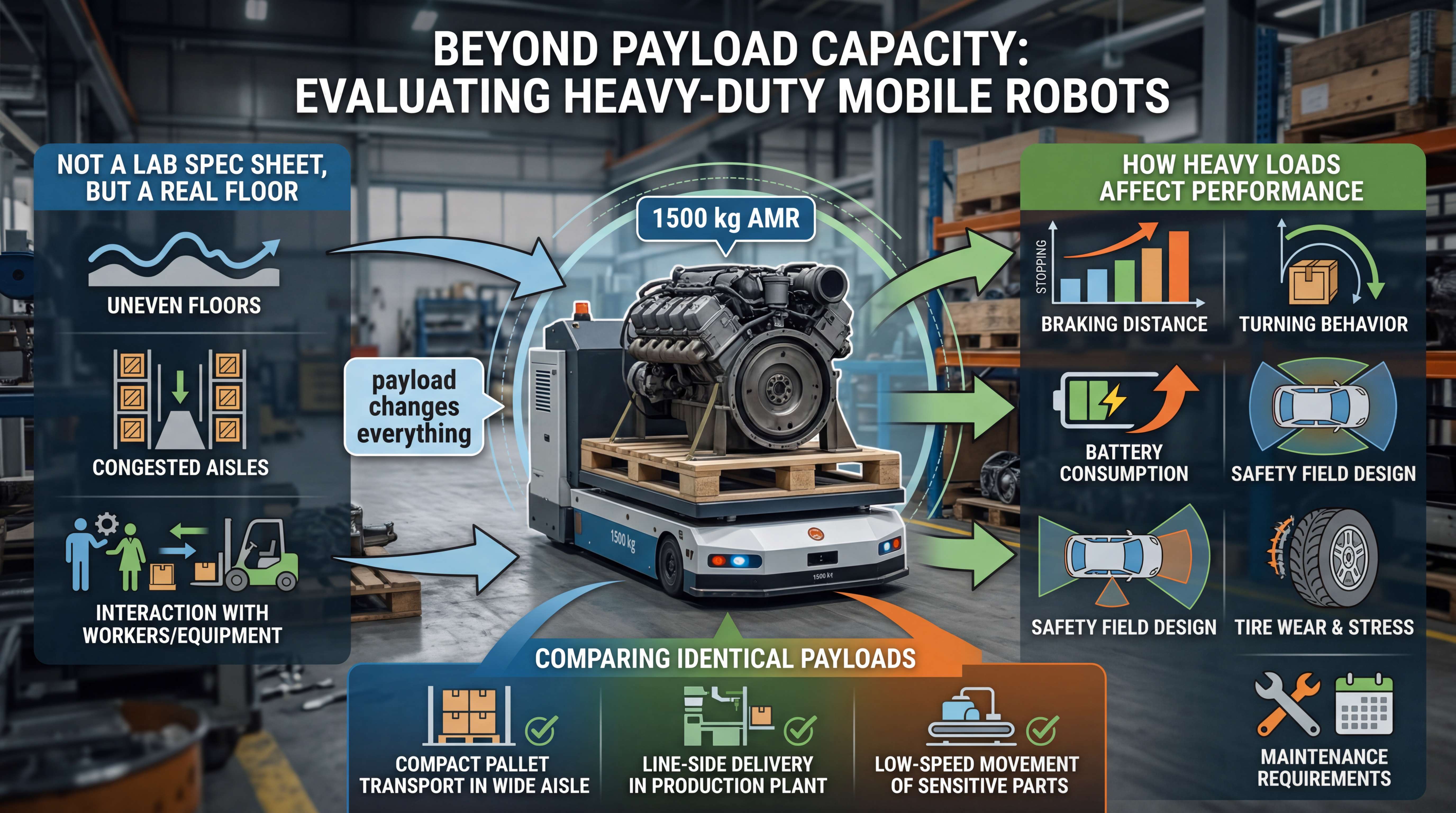Heavy-payload AMR selection infographic showing factors beyond payload capacity